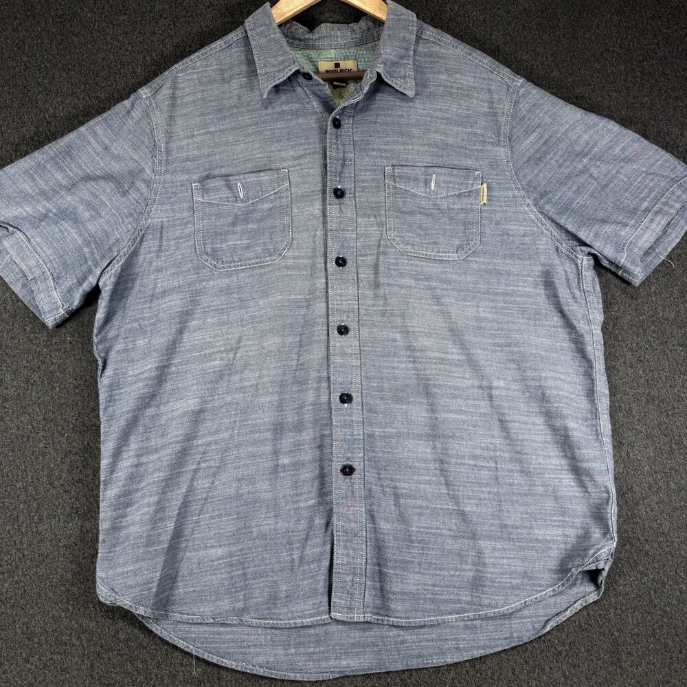 Woolrich Mens XL Blue Chambray Short Sleeve Button Up Shirt Double Pocket